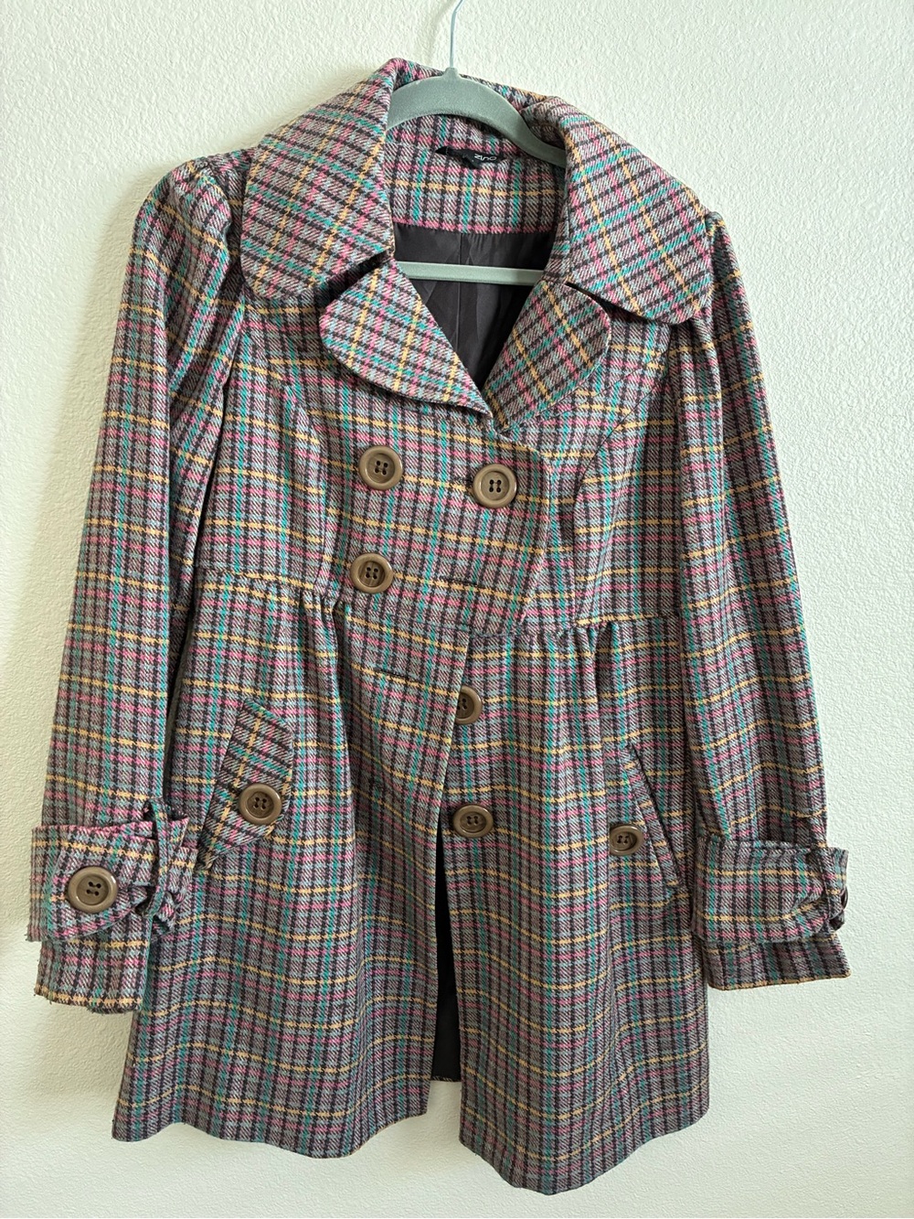 zinc Multi-Color Plaid Double-Breasted Pea Coat